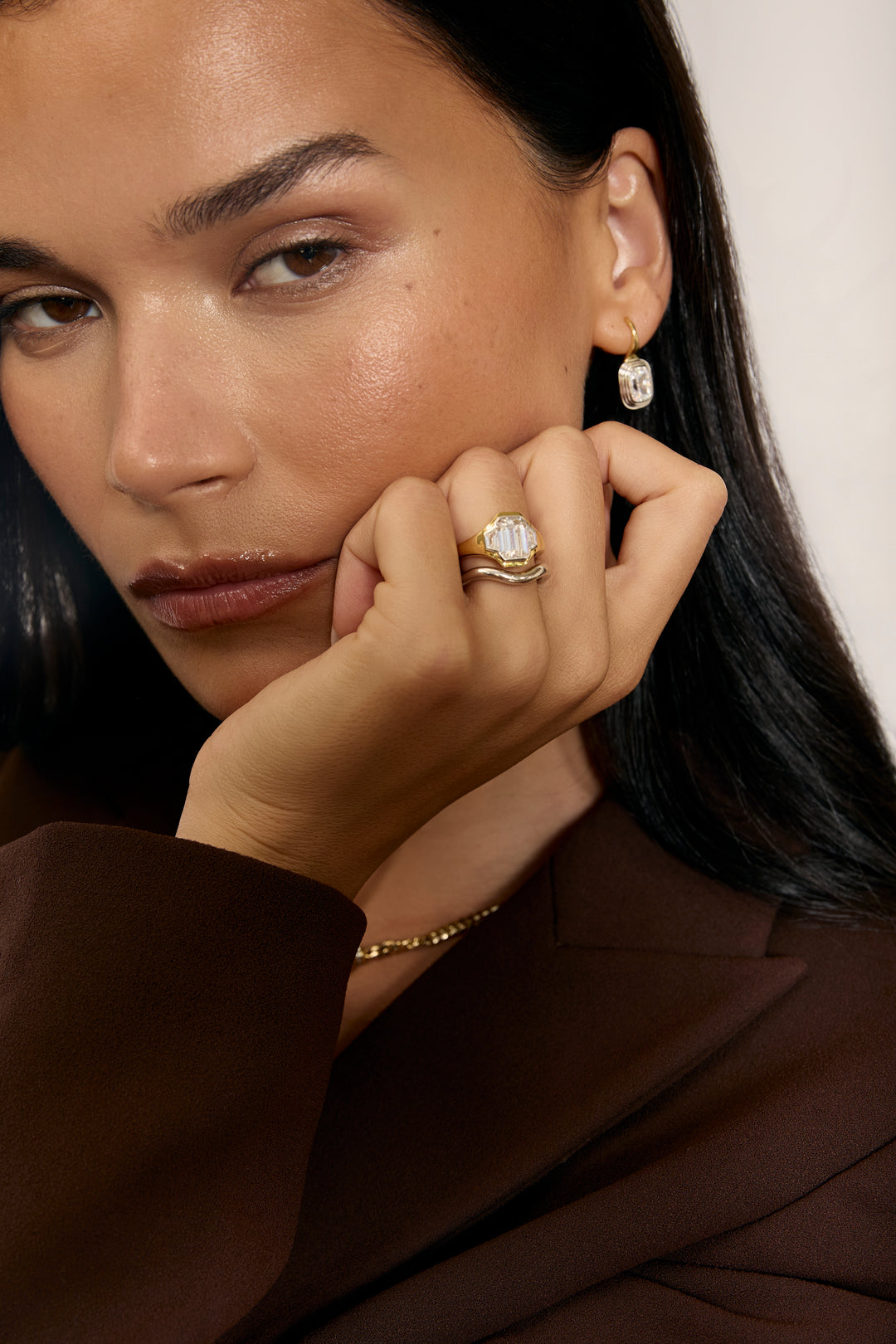 Two Tone Emerald-Cut Trilogy Gypsy Ring