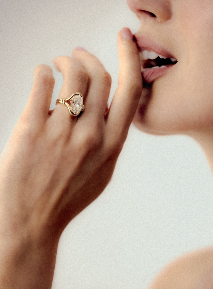 Oval Diamond Bezel Ring with a Double Wrap Side Band